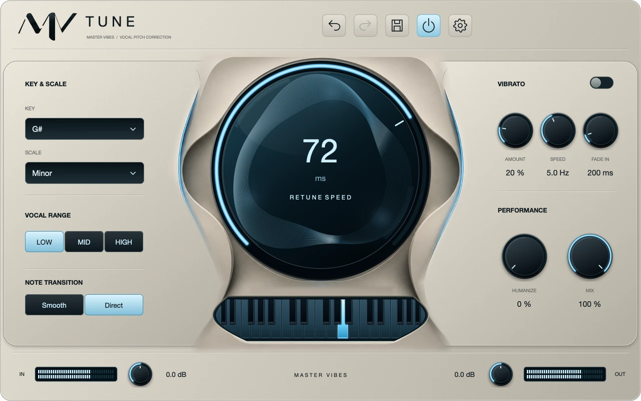 Interfaz real de MASTER-TUNE: tonalidad y escala a la izquierda, retune central y vibrato a la derecha